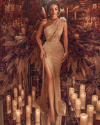 Elegant One Shoulder Feather Sequins Mermaid Split Sleeveless Prom Dress