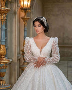 A-Line Deep V-Neck Long Sleeve Train Wedding Dress with Lace Appliques BM bride