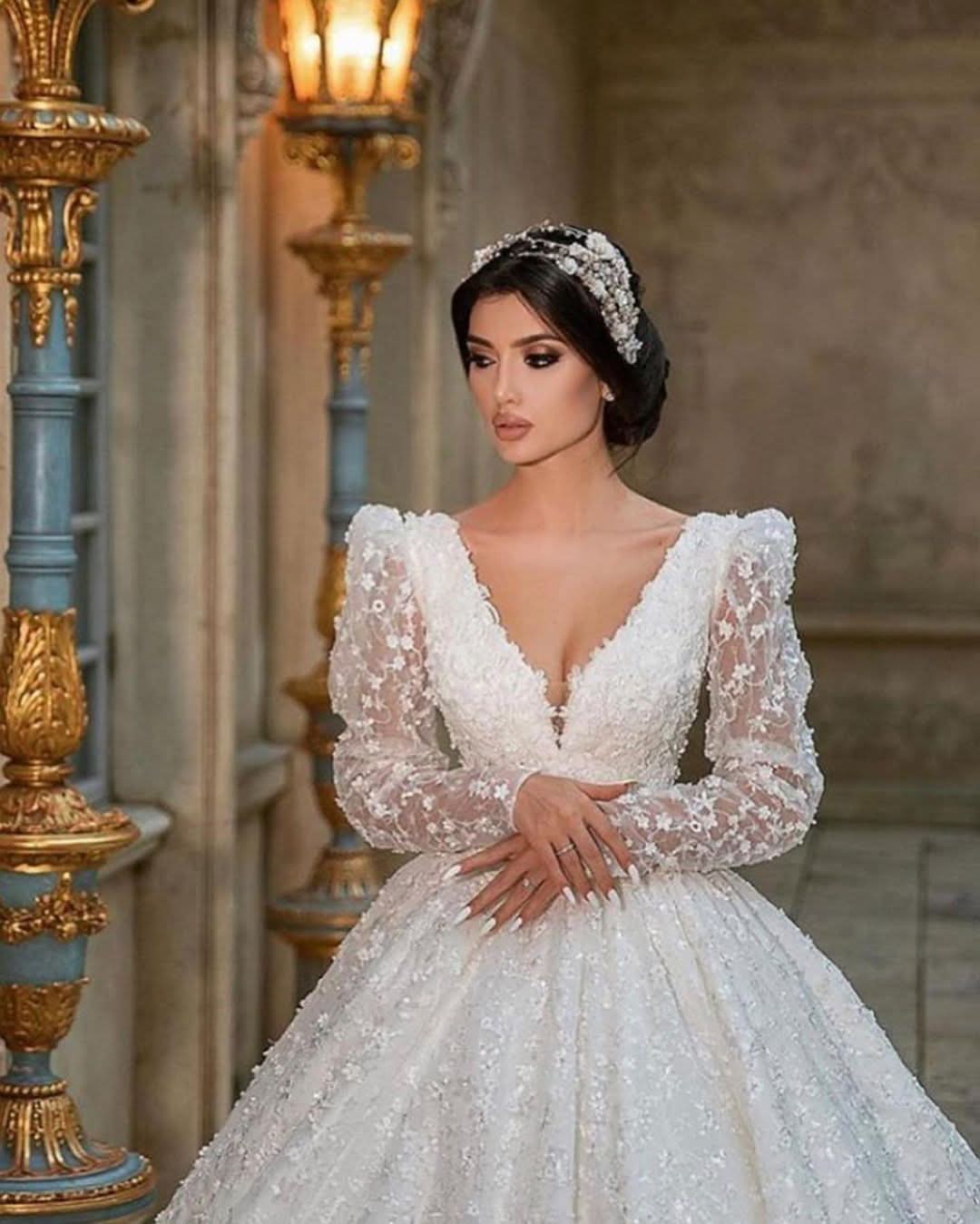 A-Line Deep V-Neck Long Sleeve Train Wedding Dress with Lace Appliques BM bride
