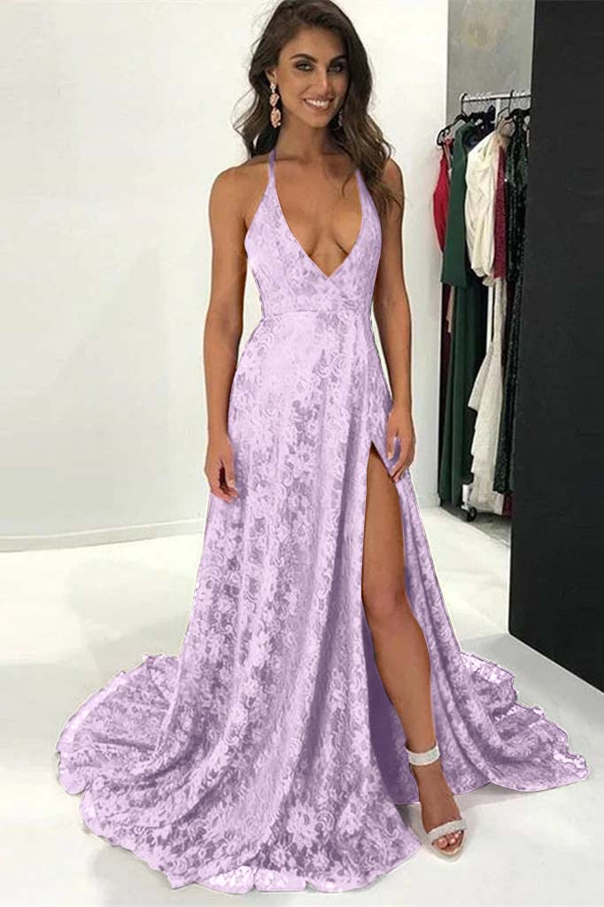 Burgundy Modern Halter Deep V Neck Backless Long Lace Prom Dress With Split BMBRIDE