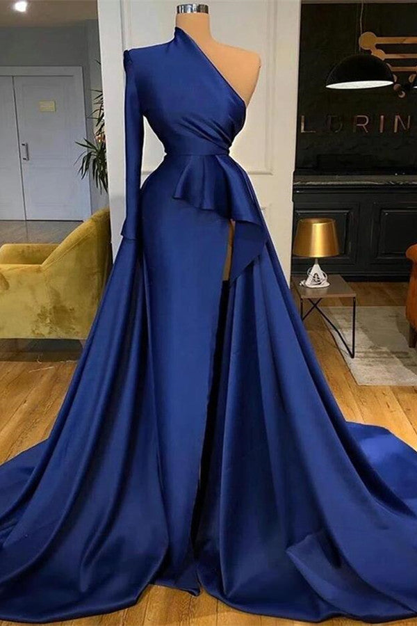 Mermaid Long Sleeve One Shoulder Dark Blue Long Prom Dress With High Split