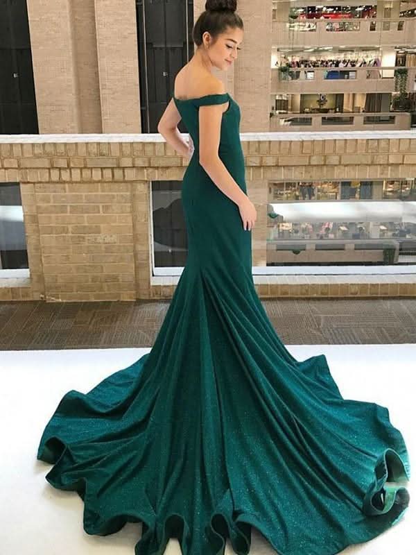 Dark Green Off-the-Shoulder Mermaid Evening Dress BM bride