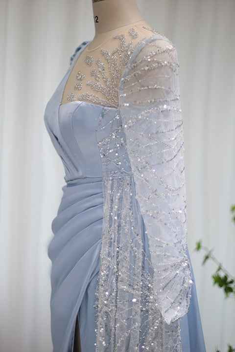 Baby Blue A Line Prom Dress Long Sleeves With Sparkle Sequins Ruffles