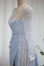 Baby Blue A Line Prom Dress Long Sleeves With Sparkle Sequins Ruffles
