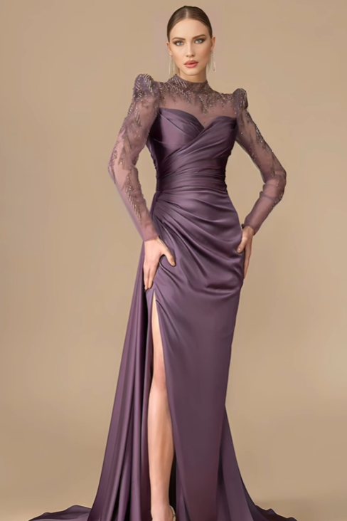 Long Sleeves Long Mermaid Prom Dress With Split Pleated Appliques BMBRIDE