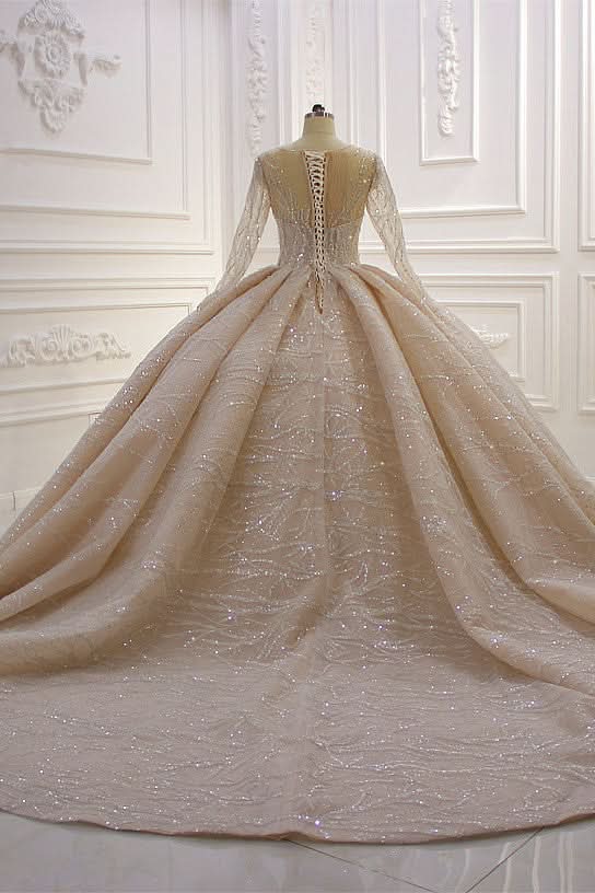 Bateau Long Sleeve Floor-Length Ball Gown Wedding Dress with Ruffles BM bride