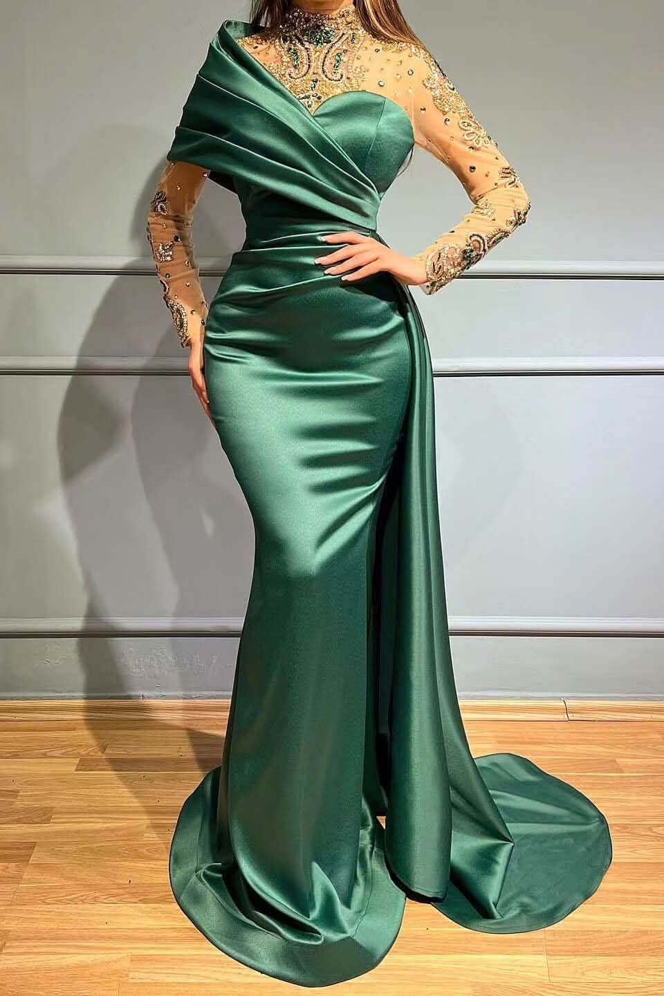 Gorgeous Long Sleeves High Neck Crystal Mermaid Prom Dress with Ruffles BM bride