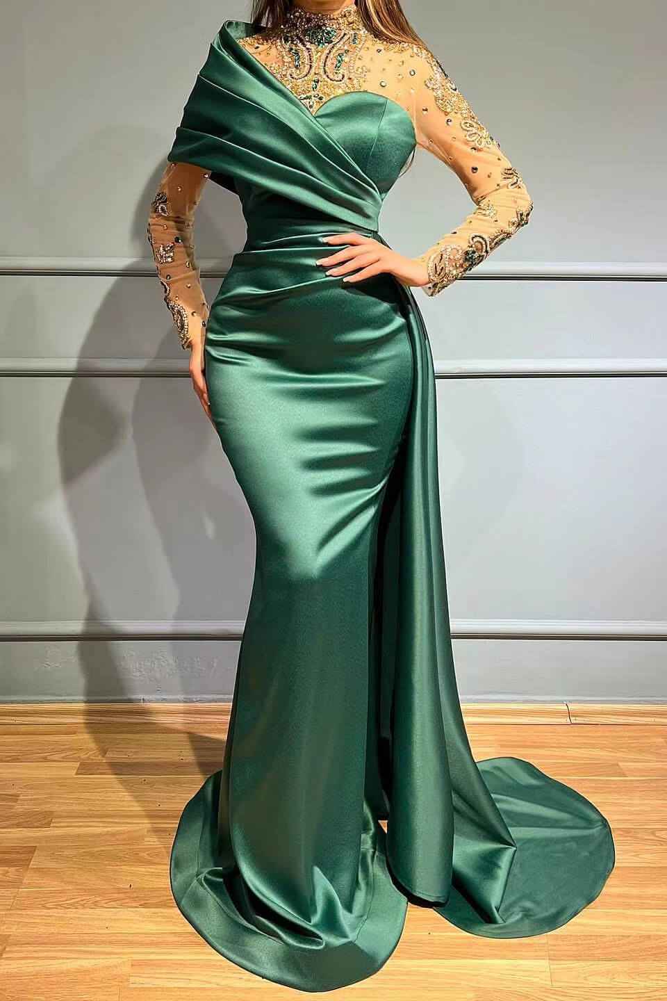 Gorgeous Crystal Mermaid Ruffles Prom Dress High Neck With Long Sleeves