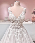 Vintage A-Line Deep V-Neck Backless Ruffle Wedding Dress with Tulle and Lace Appliques BM bride