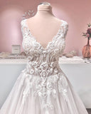 Vintage A-Line Deep V-Neck Backless Ruffle Wedding Dress with Tulle and Lace Appliques BM bride