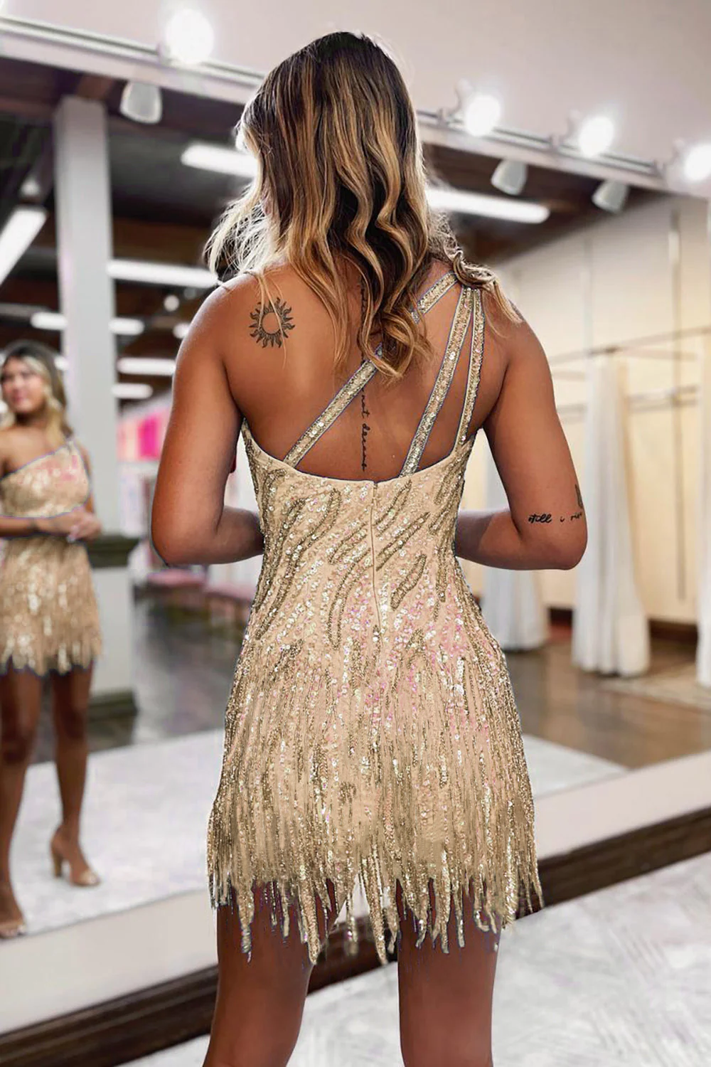 Sparkly Blue One Shoulder Sequins Tight Short Hoco Dress with Fringes Bmbride
