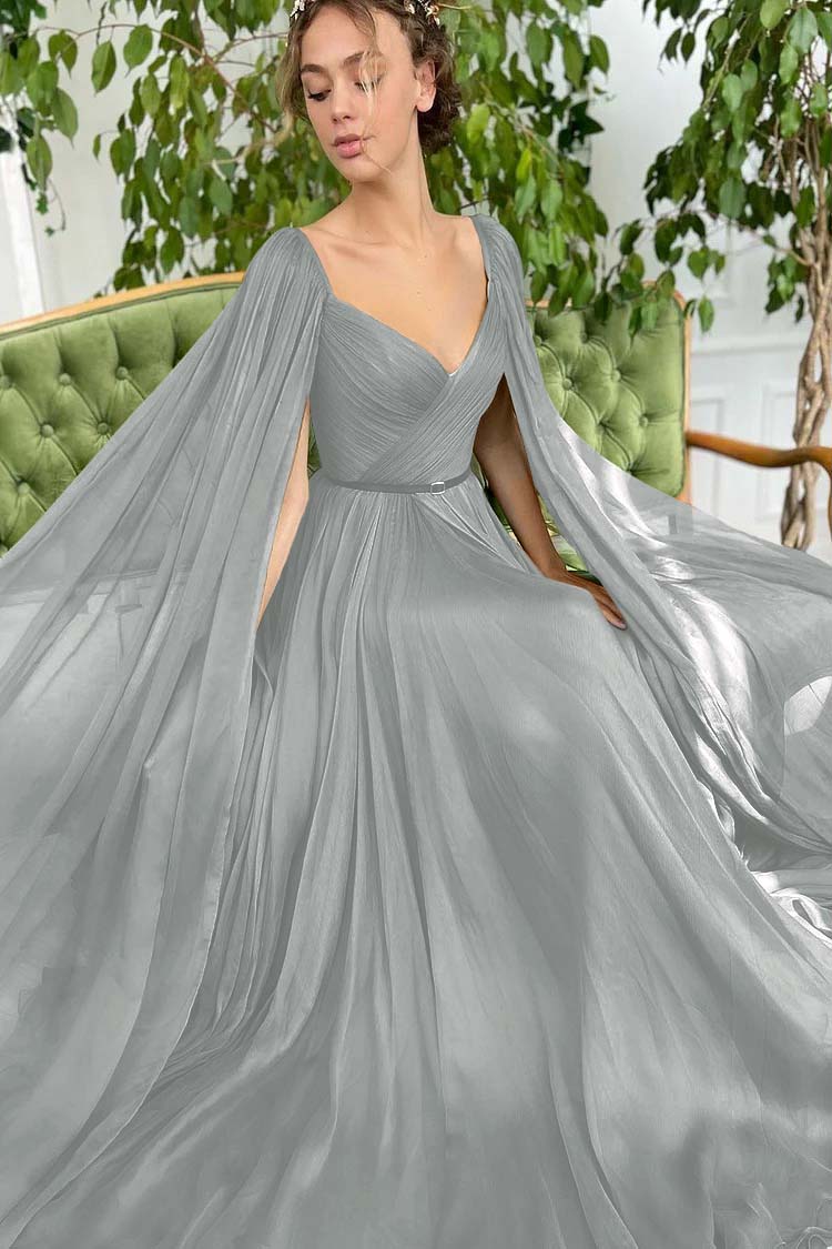 Elegant Green Long Sleeves Formal Belt Prom Dress Tulle With Split BMBRIDE