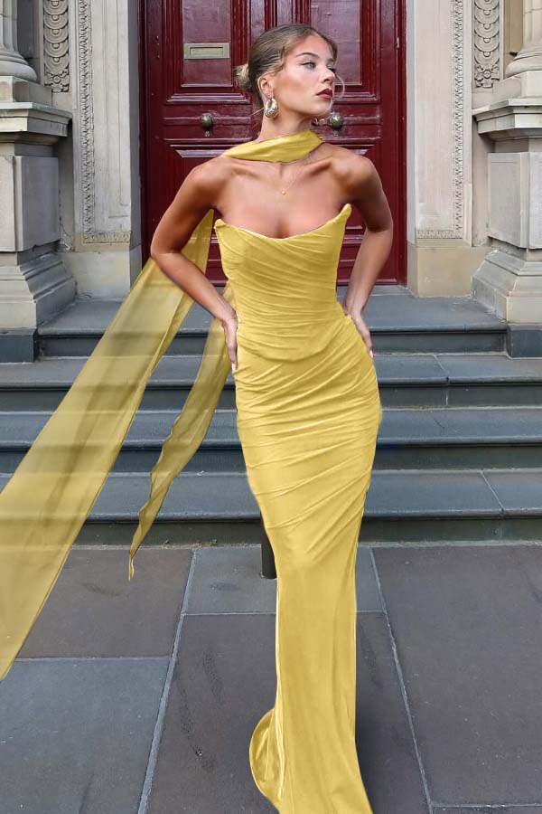 Chiffon Strapless Sleeveless Long Mermaid Prom Dress With Pleated