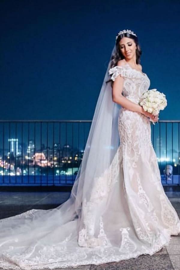 Beautiful Long Mermaid Wedding Dress Off-the-shoulder With Lace Tulle BM bride