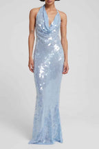 Halter Backless Sleeveless Mermaid Long Prom Dress With Sequins