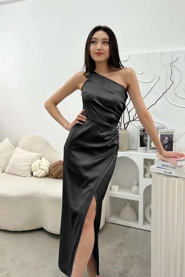 Chic Sleeveless One Shoulder Long Prom Dress With Pleated Split BMBRIDE