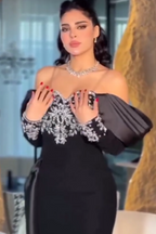 Glamorous Black Off the Shoulder Long Sleeves Long Prom Dress With Beadings