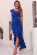 Chic Royal Blue One Shoulder Sleeveless Prom Dress With Ruffles