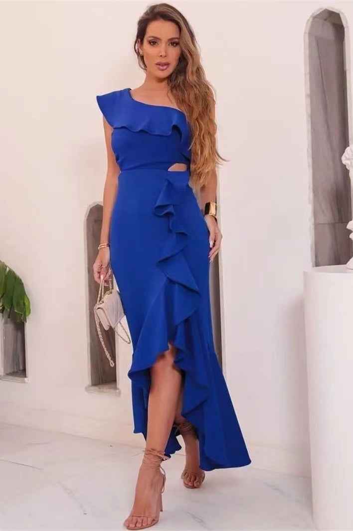Chic Royal Blue One Shoulder Sleeveless Prom Dress With Ruffles