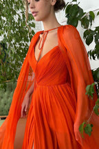 Gorgeous Orange Long A Line Tulle Side Split Prom Dress With Cape