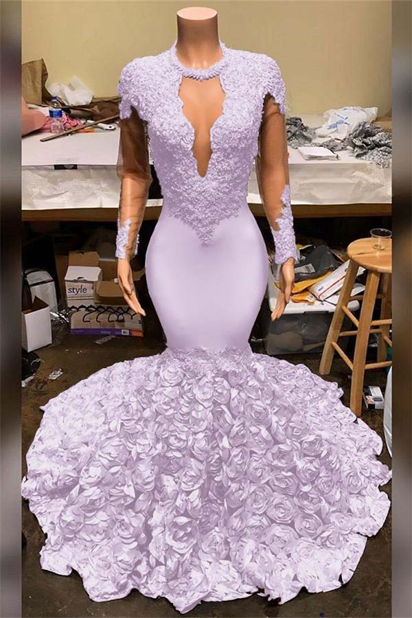 Elegant Mermaid V Neck Prom Dress Appliques Long Sleeves With Flowers Bottom BMBRIDE