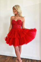 Sparkly Pink Corset Tiered Short A-Line Tulle Homecoming Dress with Lace Bmbride
