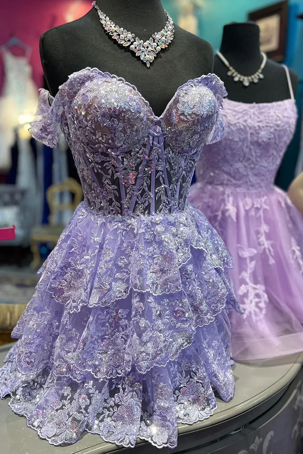 Sparkly Grey A-Line Tiered Lace Short Homecoming Prom Dress Bmbride
