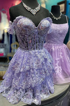 Sparkly Grey A-Line Tiered Lace Short Homecoming Prom Dress Bmbride