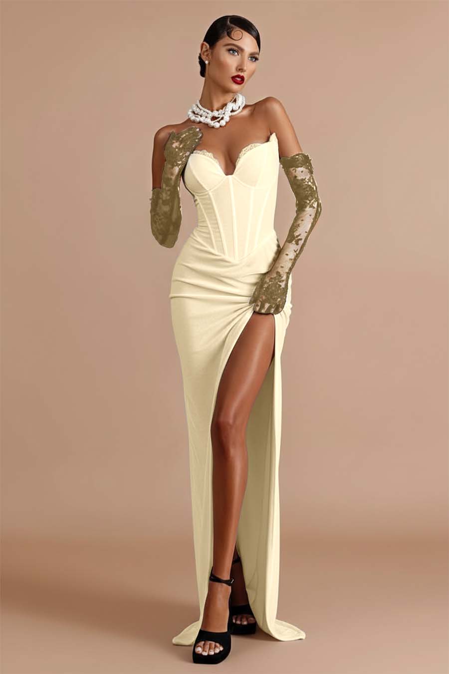 Sleeveless Strapless Long Mermaid Split Prom Dress With Gloves BMBRIDE
