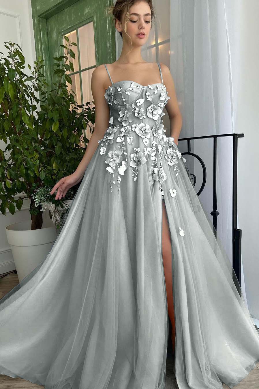 Baby Blue Sweetheart Flowers Appliques Spaghetti Strap Prom Dress With Split