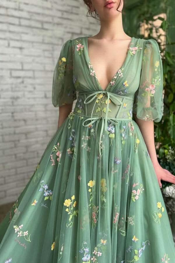 Gorgeous Deep V-Neck Evening Dress Half Sleeves with Embroidery Flowers and Tulle BM bride