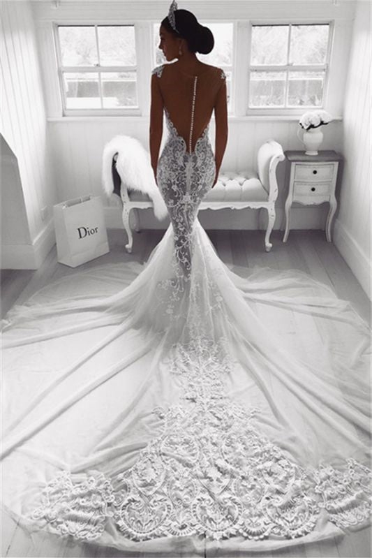 Elegant Cap Sleeve Mermaid Wedding Dress with Lace Appliques and Zipper Back BM bride