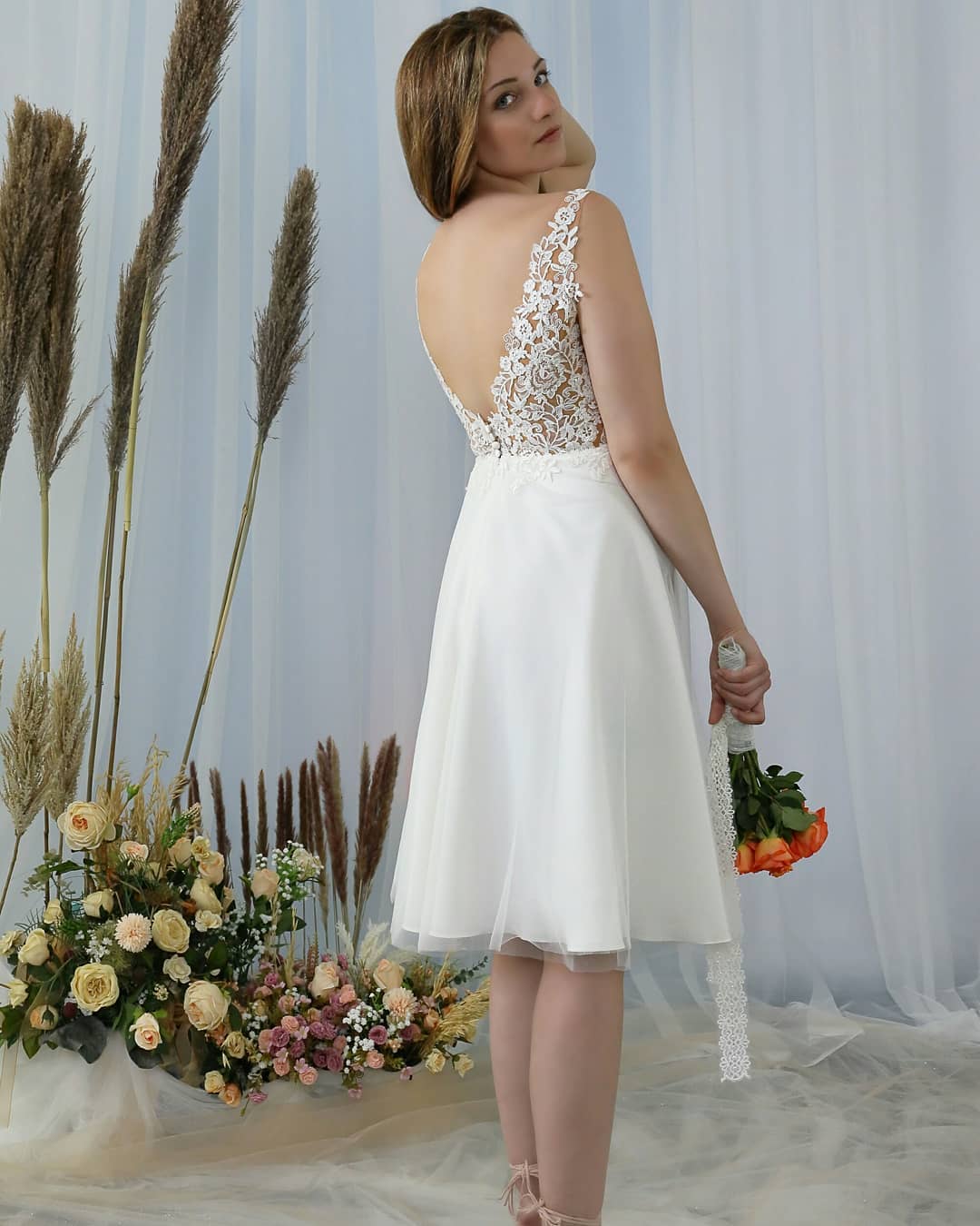 Knee Length A-line V-neck Wedding Dress With Lace BM bride