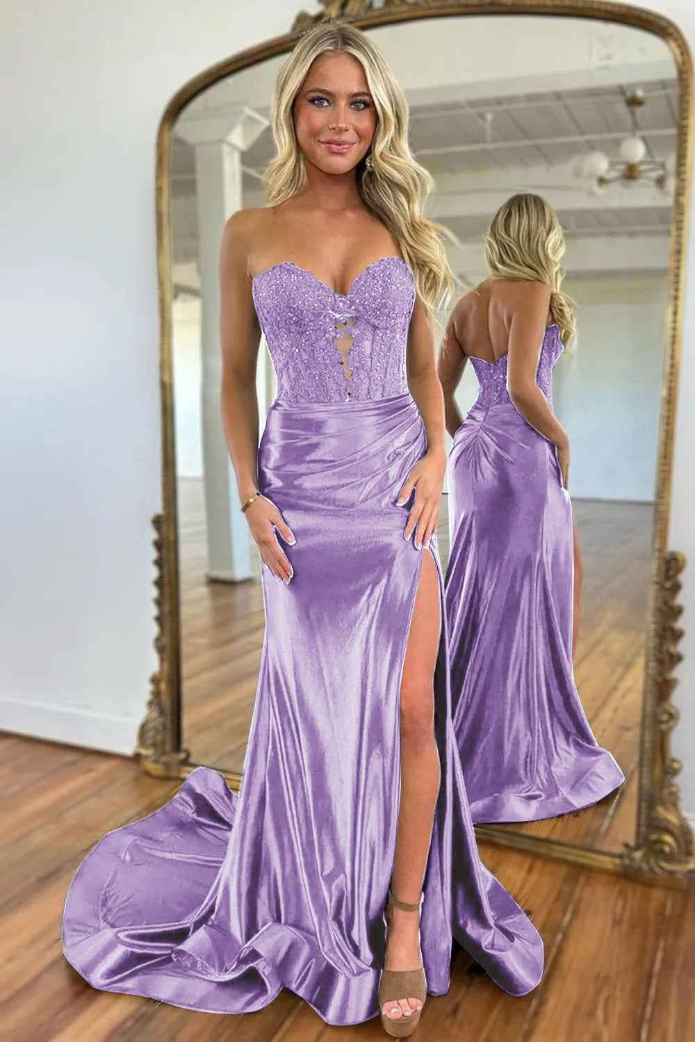 Navy Mermaid Sweetheart Long Corset Prom Dress with Slit