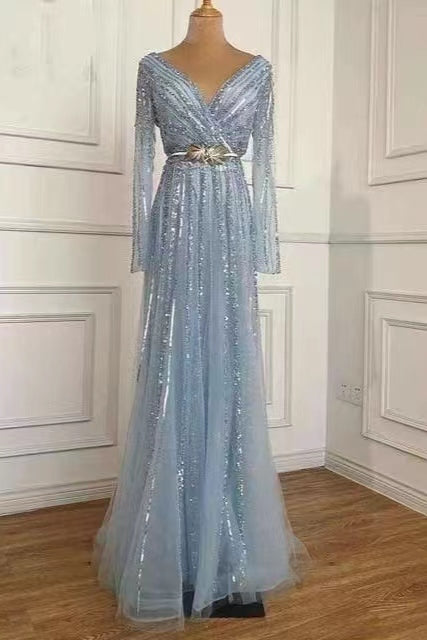 Long Sleeves Deep V-Neck Sequins Evening Dress with Beads and Tulle BM bride