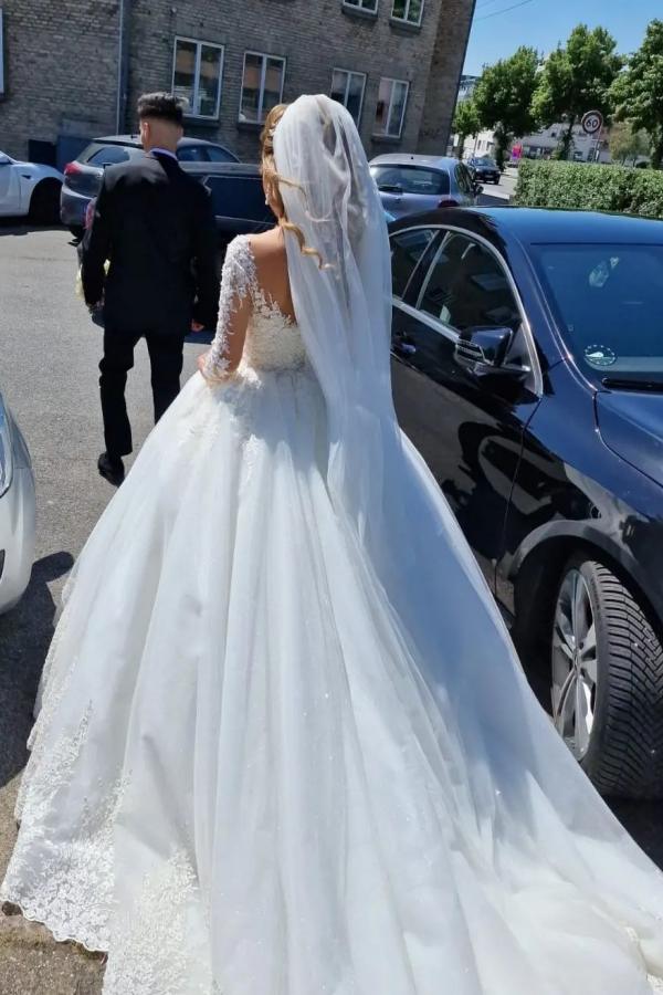 Gorgeous White A-Line V-Neck Lace Wedding Dress with Long Sleeves BM bride