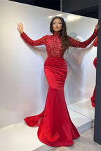 Classic Red Long Sleeves Pleated Mermaid Prom Dress BM bride