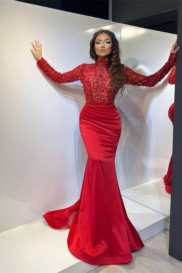 Classic Red Long Sleeves Pleated Mermaid Prom Dress BM bride