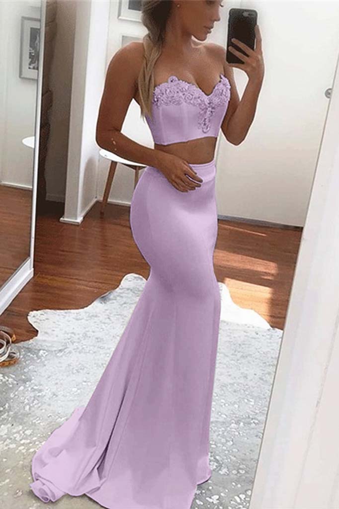 Two Pieces White Sweetheart Sleeveless Long Mermaid Prom Dress With Appliques BMBRIDE