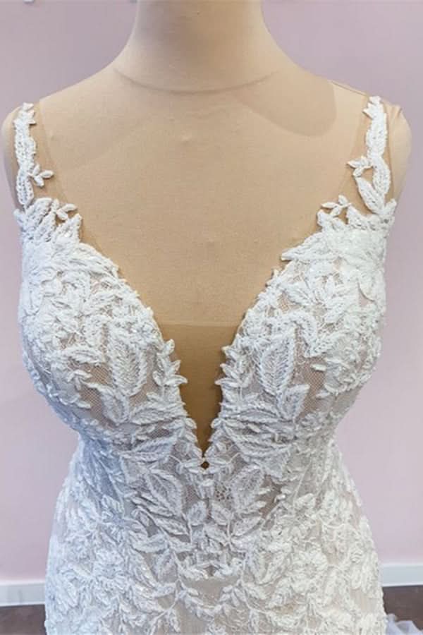 Stunning Spaghetti-Straps A-Line Wedding Dress With Sweetheart Neckline Appliques Lace BM bride