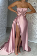 Stunning Pink Strapless Mermaid Prom Dress with Pleats, Ruffles, and Slit BM bride