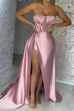 Stunning Pink Strapless Mermaid Prom Dress with Pleats, Ruffles, and Slit BM bride