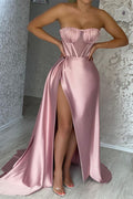Sexy Pink Strapless Sleeveless Mermaid Prom Dress With Split Ruffles