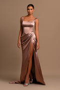 Dusty Rose Spaghetti Strap Square Neck Sleeveless Mermaid Prom Dress With Split BMBRIDE
