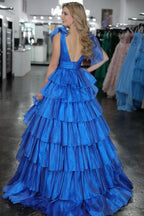 Glamorous Glitter Tie Straps Pink Plunging Neck Tiered Long Prom Dress BM bride