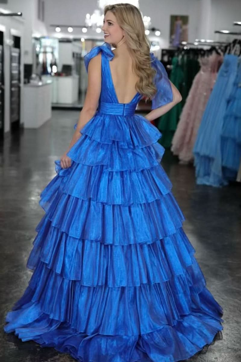 Glamorous Glitter Tie Straps Pink Plunging Neck Tiered Long Prom Dress BM bride
