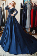 Long Sleeves Off the Shoulder Beadings Prom Dress Navy Lace With Appliques