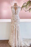 Glamorous Bateau Neck Mermaid Wedding Dress with Lace, Tulle, and Appliques BM bride