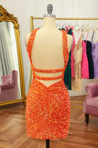 Glitter Orange Halter Backless Sequins Tight Homecoming Dress Bmbride
