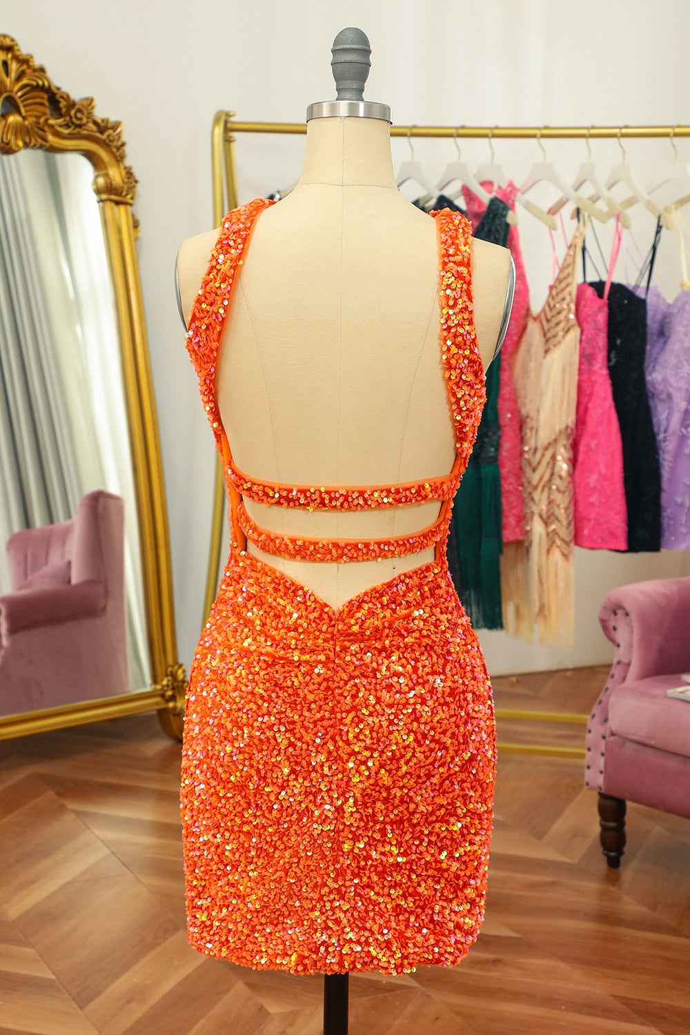 Glitter Orange Halter Backless Sequins Tight Homecoming Dress Bmbride